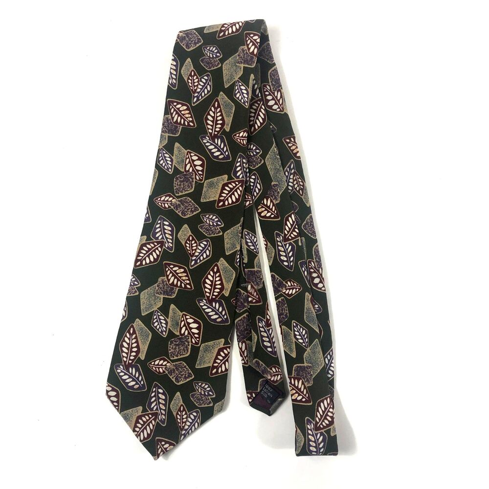 Halston 100% Italian Silk Tie Men's Designer Abstract Leaf Pattern Green Maroon - Picture 2 of 7